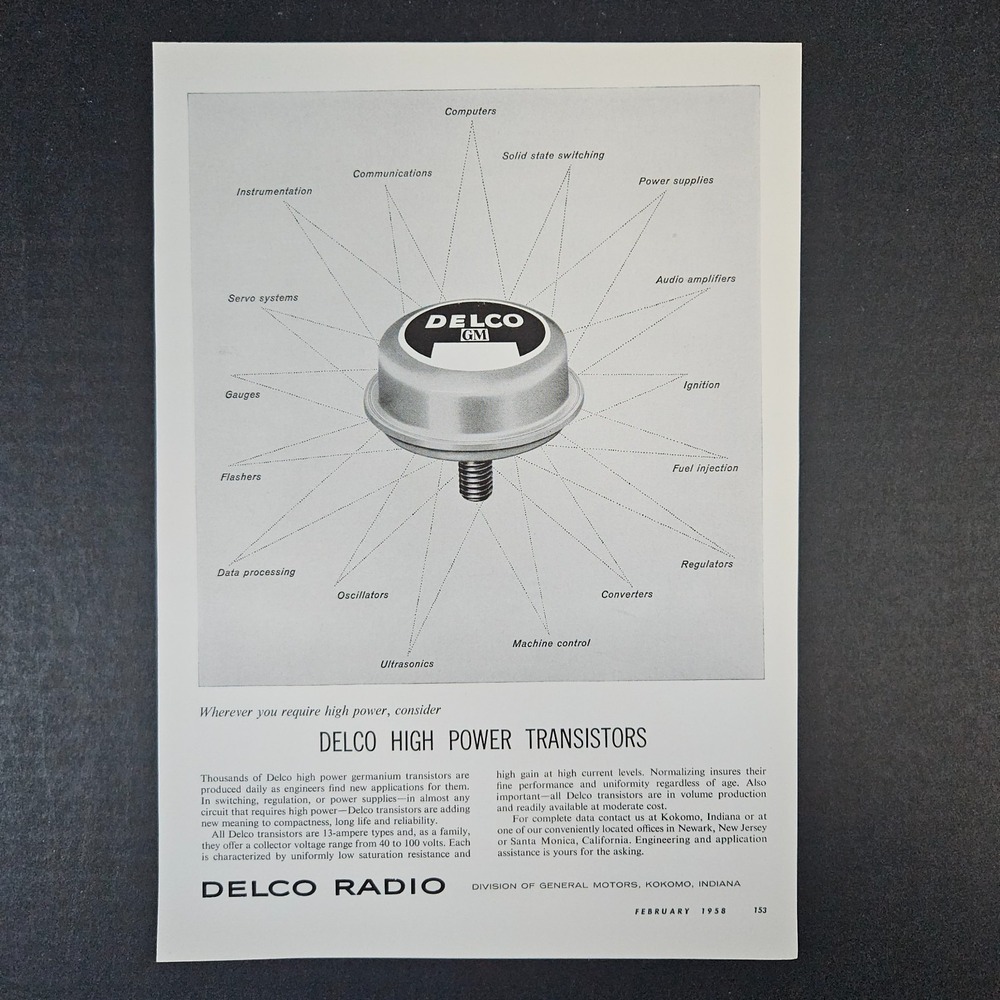1958 Delco Radio High Power Transistors GM Vintage Print Ad Kokomo IN Electronic